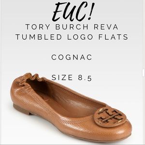 Tory Burch Reva Tumbled Cognac Leather Fla…